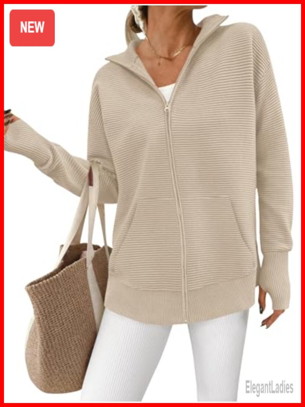 Women's Long Sleeve Zip Up Ribbed Cardigan Sweater with Thumb Holes
